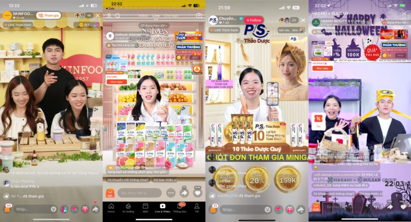Ảnh chụp màn hình các phiên livestream bán mỹ phẩm, thực phẩm chức năng và đồ gia dụng