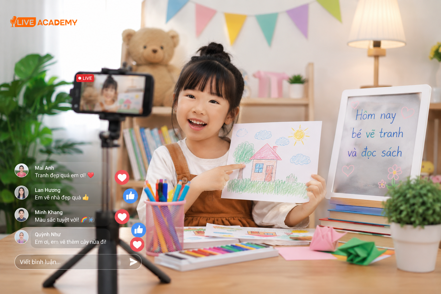 trẻ em học livestream và rèn luyện kỹ năng giao tiếp trước camera